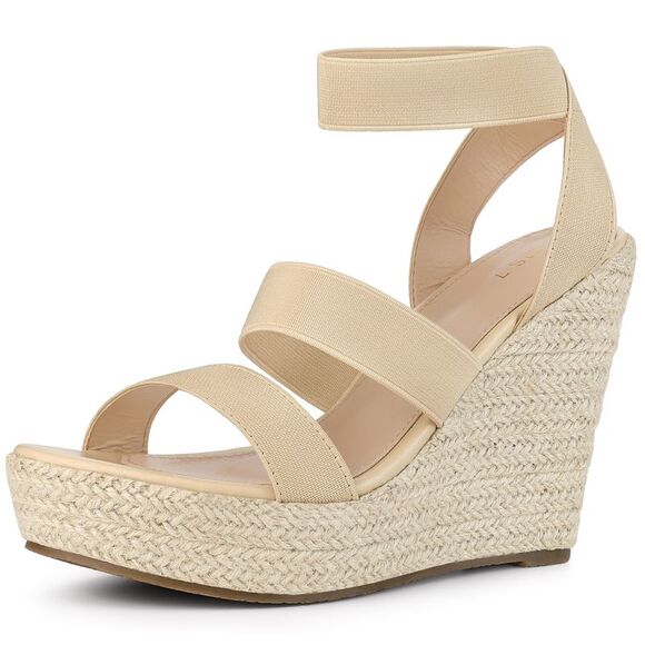 Women's Platform Slingback Elastic Strap Espadrille Wedges Heel Sandals Beige - Picture 1 of 5